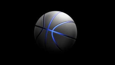 Basketball Basketball, a grey ball with bright blue stripes on a black background