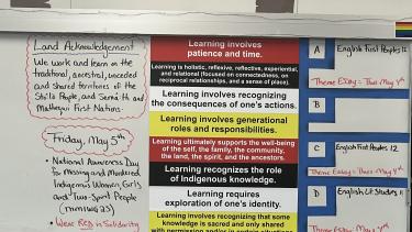 Whiteboard with writing about Indigenous Land Acknowledgement and learning for English students