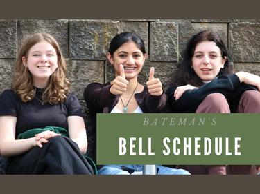 students sitting against wall, bell schedule text